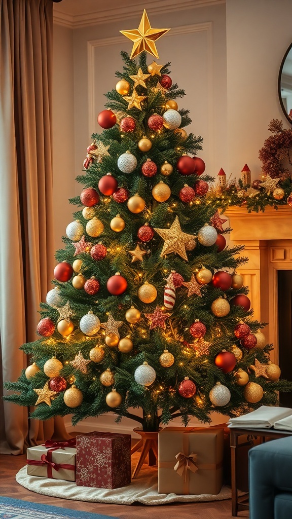 Brown and Gold Christmas Tree Decoration Guide A Christmas tree decorated in brown and gold with ornaments and lights, set in a warm living room.